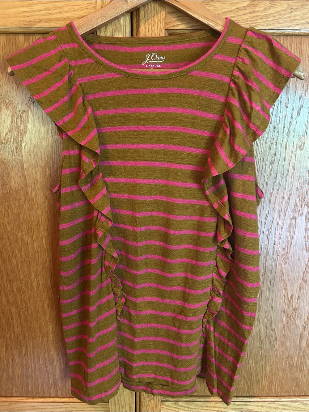 J. Crew Olive Green & Pink Striped Ruffle Sleeve Linen Tee